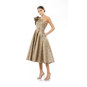 $498 Mac Duggal 67906 Bronze Metallic One Shoulder Bow Tea Midi Dress Size 4